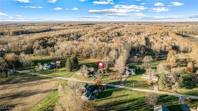 aerial view featuring a wooded view