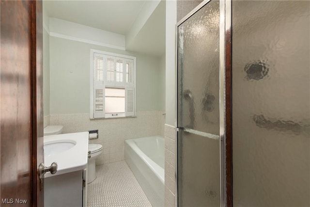 bathroom with tile walls, toilet, vanity, and a shower stall