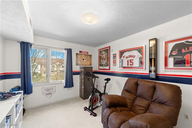 workout room with a textured ceiling and light carpet