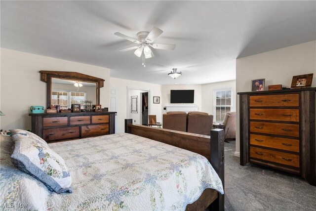 carpeted bedroom with a ceiling fan and multiple windows