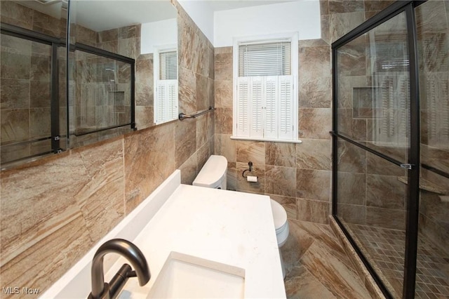 full bath with a stall shower, toilet, and vanity