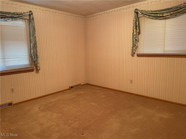 carpeted spare room with visible vents and baseboards