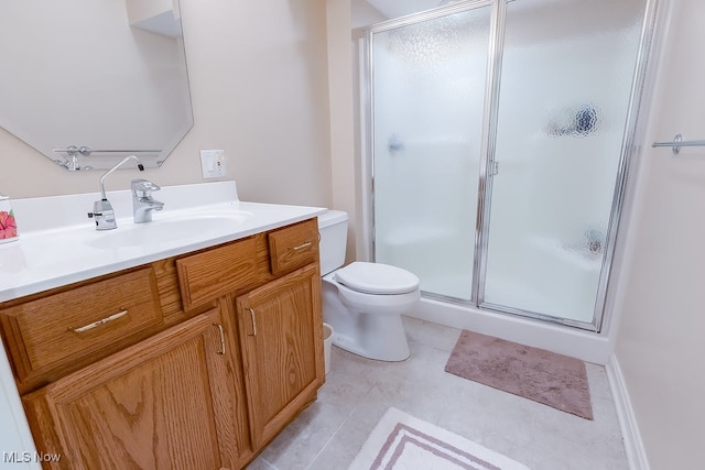 bathroom with tile patterned flooring, a stall shower, toilet, and vanity