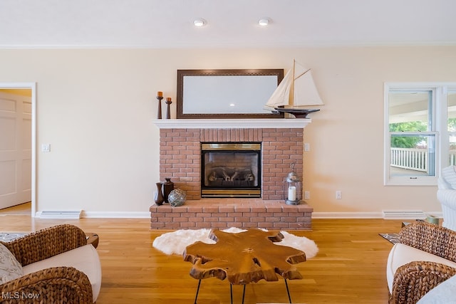 living area featuring light wood-type flooring, baseboards, and ornamental molding