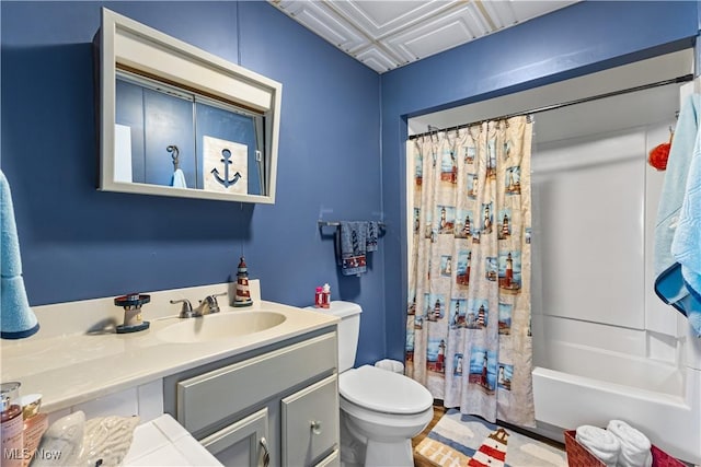 full bathroom with vanity, toilet, and shower / tub combo with curtain