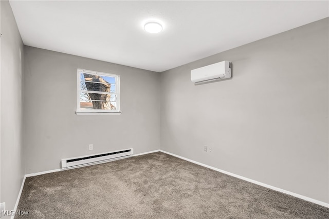 empty room with carpet flooring, baseboards, a baseboard heating unit, and a wall unit AC