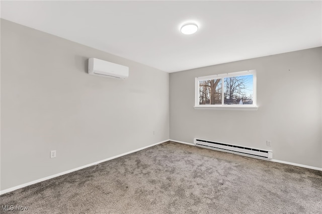 basement featuring carpet flooring, a wall mounted air conditioner, baseboards, and baseboard heating