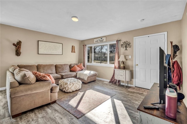 living area featuring baseboards and wood finished floors