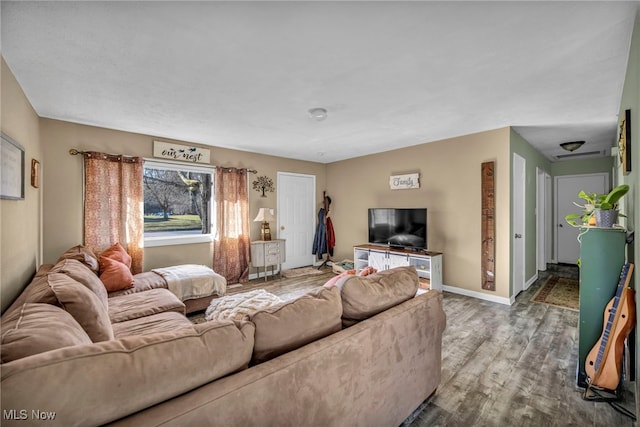 living area featuring baseboards and wood finished floors