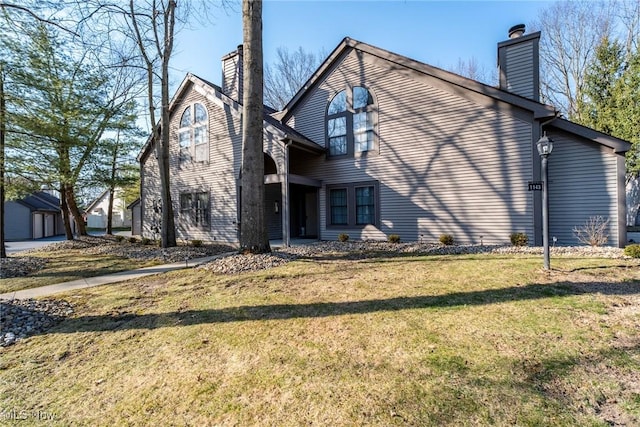 view of property exterior with a chimney and a yard