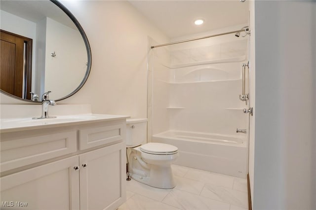 bathroom featuring recessed lighting, shower / bath combination, toilet, and vanity