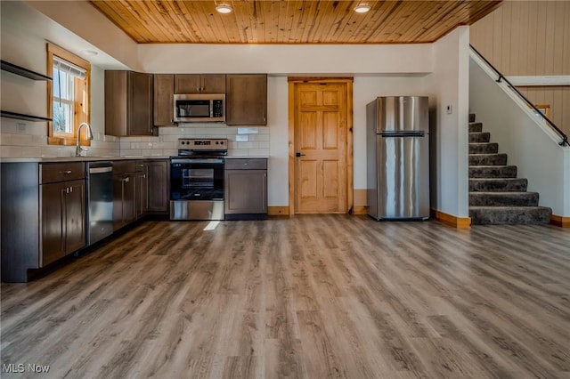 kitchen featuring wood finished floors, stainless steel appliances, light countertops, wood ceiling, and tasteful backsplash