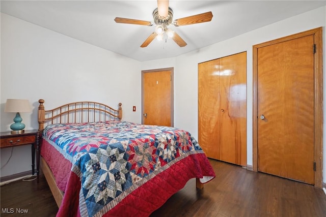 bedroom with ceiling fan and wood finished floors