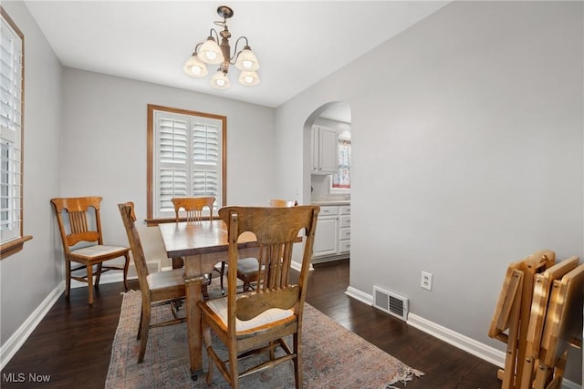 dining room with visible vents, a healthy amount of sunlight, and dark wood-type flooring