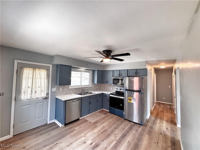 kitchen with light wood-type flooring, a sink, backsplash, stainless steel appliances, and light countertops