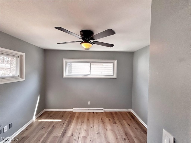 unfurnished room featuring ceiling fan, visible vents, baseboards, and light wood-style flooring