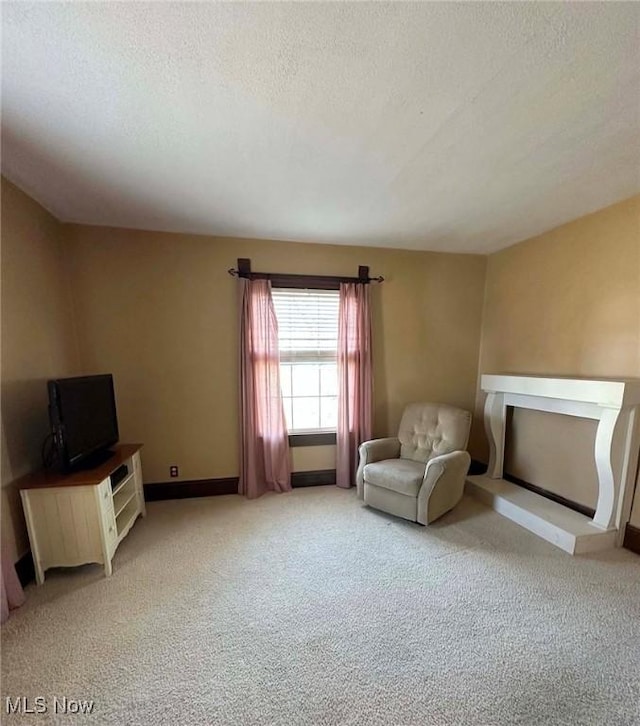 living area with light colored carpet, a textured ceiling, and baseboards