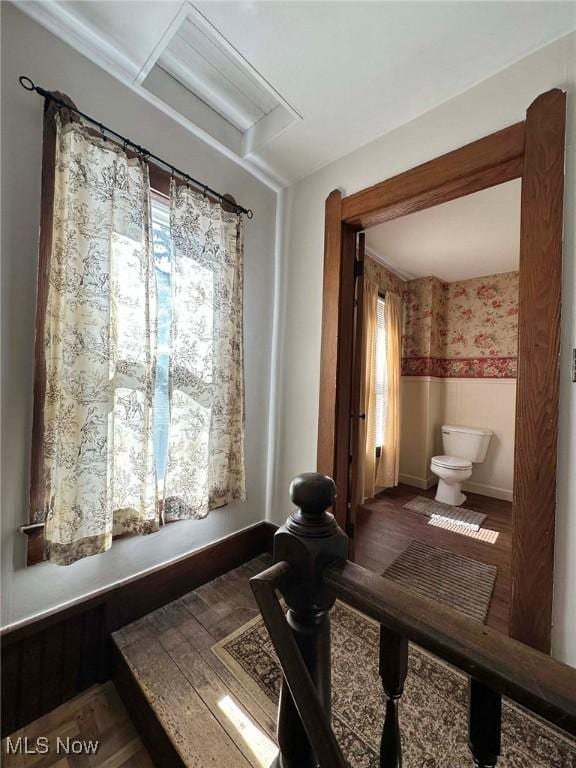 bathroom with a wainscoted wall, a healthy amount of sunlight, wallpapered walls, and toilet