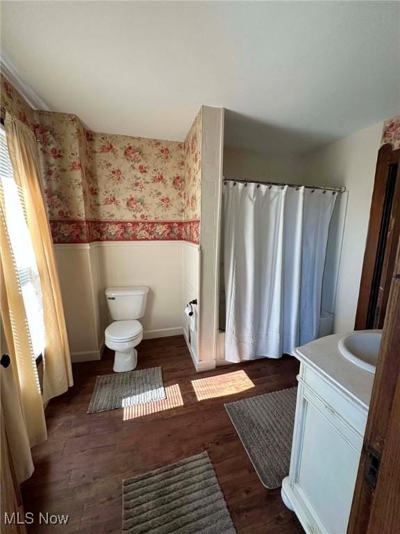 full bath featuring a wainscoted wall, toilet, a shower with curtain, wood finished floors, and vanity