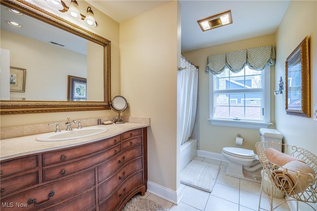 bathroom with tile patterned floors, visible vents, toilet, baseboards, and vanity