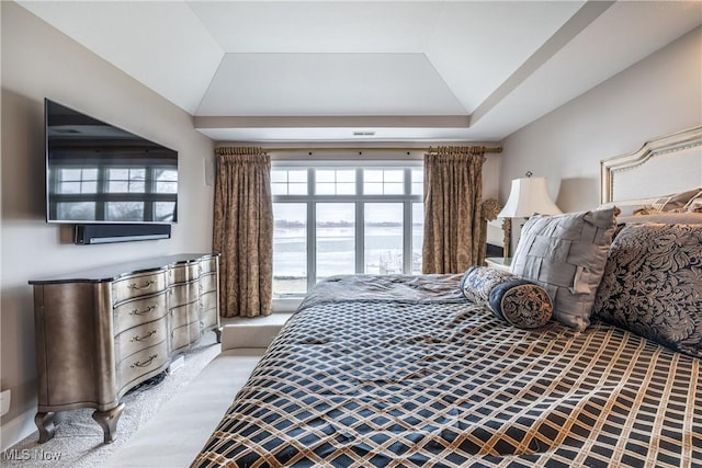 carpeted bedroom featuring multiple windows and a raised ceiling