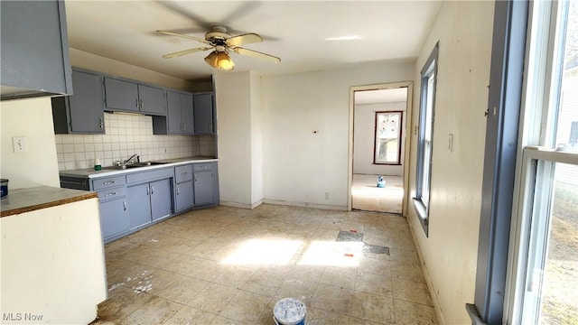 kitchen featuring a sink, baseboards, backsplash, and gray cabinetry