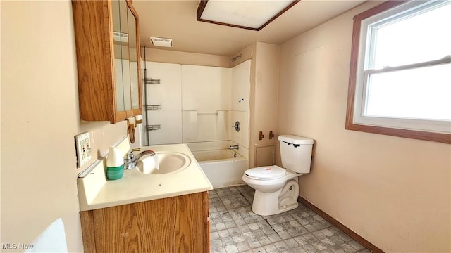 full bath with vanity, baseboards, shower / tub combination, tile patterned floors, and toilet