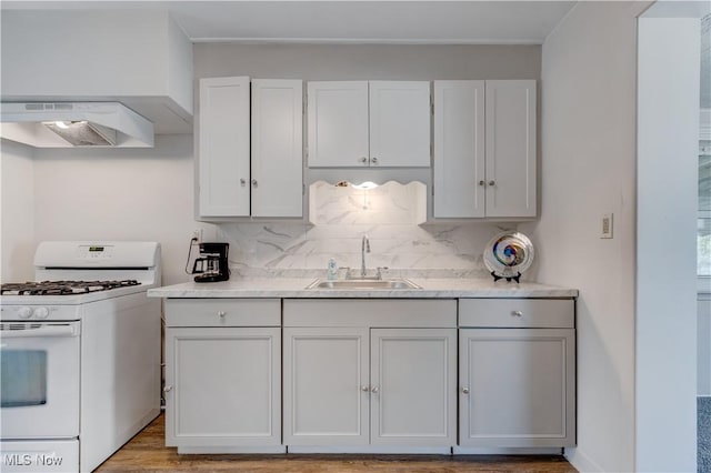 kitchen featuring a sink, gas range gas stove, tasteful backsplash, and under cabinet range hood