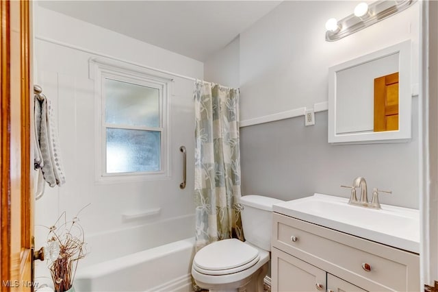 full bathroom with vanity, toilet, and shower / bathtub combination with curtain