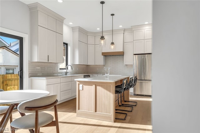 kitchen featuring light wood-type flooring, stainless steel refrigerator, a center island, light countertops, and decorative backsplash