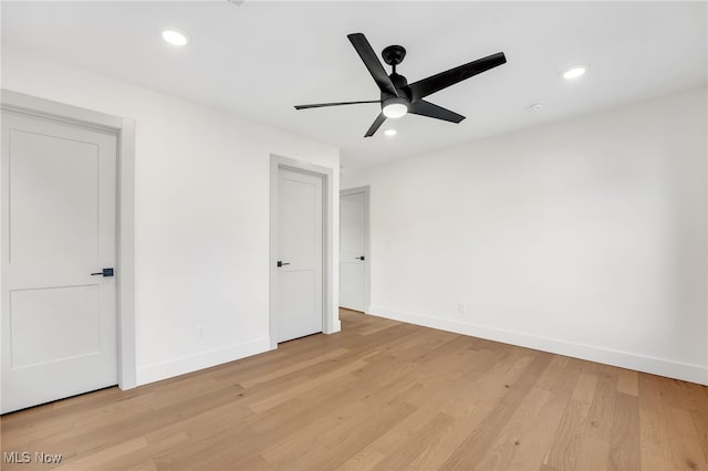 unfurnished bedroom with recessed lighting, baseboards, light wood-style flooring, and a ceiling fan