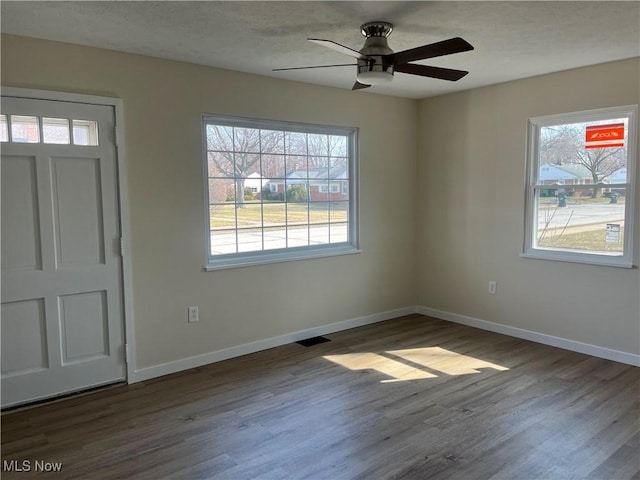 entryway featuring visible vents, baseboards, and wood finished floors