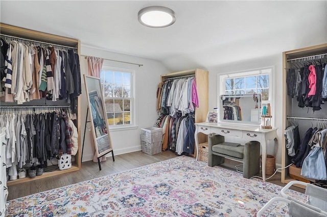 walk in closet featuring lofted ceiling and wood finished floors