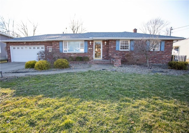 ranch-style home featuring driveway, a front yard, a garage, brick siding, and a chimney