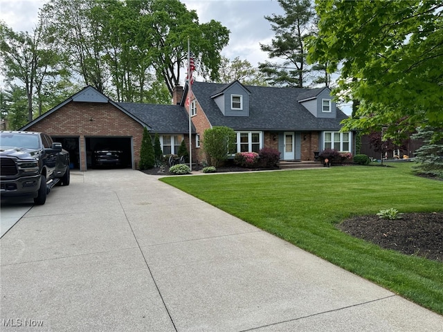 cape cod house with brick siding, driveway, a shingled roof, and a front lawn