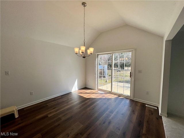 unfurnished dining area featuring an inviting chandelier, lofted ceiling, baseboards, and dark wood-type flooring