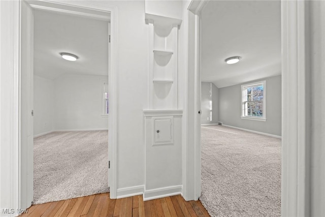 hall featuring baseboards, carpet, and wood finished floors