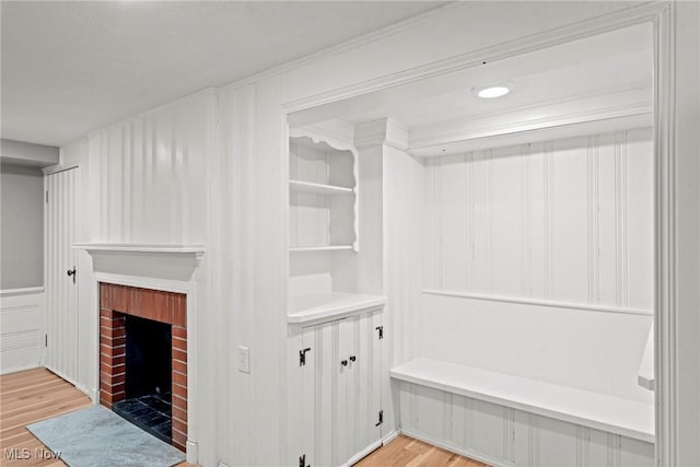 interior space featuring light wood-style flooring and a fireplace