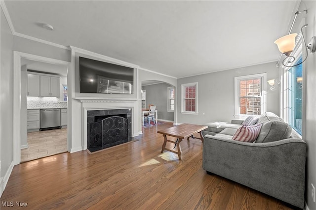 living room with crown molding, baseboards, a premium fireplace, wood finished floors, and arched walkways