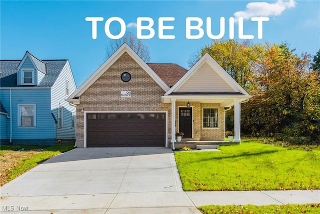 view of front of home featuring a front lawn, a porch, concrete driveway, an attached garage, and brick siding