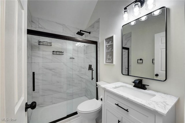 full bathroom with toilet, a stall shower, vanity, and vaulted ceiling