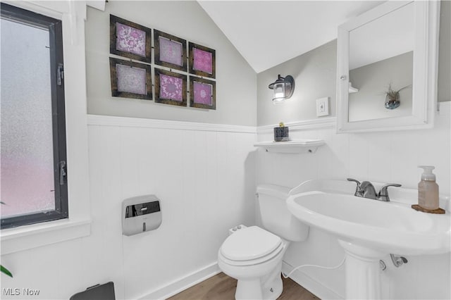 bathroom with a wainscoted wall, toilet, lofted ceiling, and wood finished floors