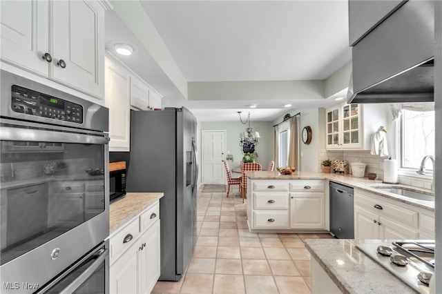 kitchen with a sink, white cabinetry, stainless steel appliances, a peninsula, and decorative backsplash