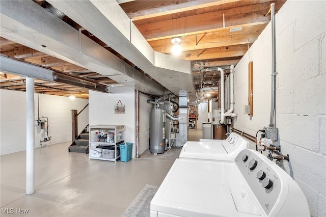 unfinished below grade area with stairs, water heater, and washing machine and clothes dryer