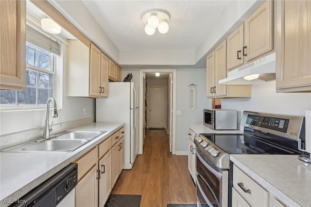 kitchen featuring a sink, light brown cabinetry, light countertops, stainless steel appliances, and under cabinet range hood