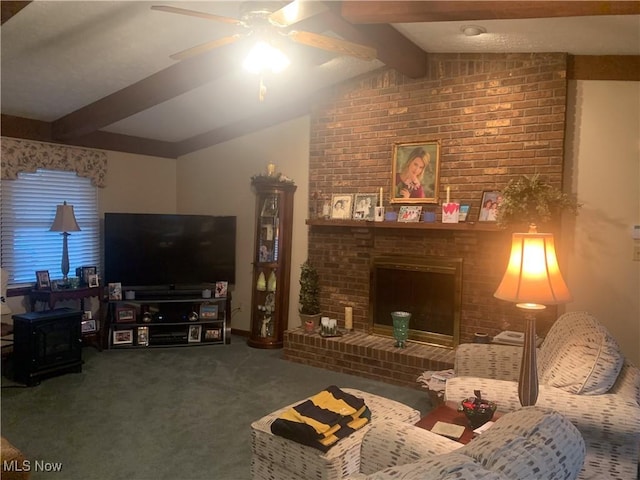 living room featuring a ceiling fan, carpet, a fireplace, and vaulted ceiling with beams