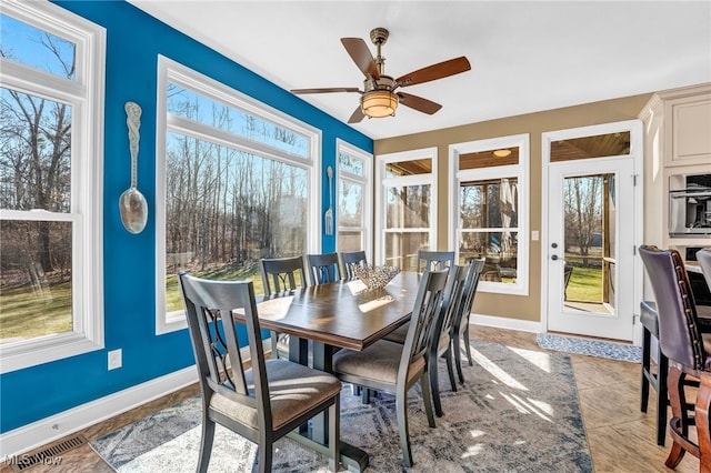 dining space featuring visible vents, plenty of natural light, and baseboards