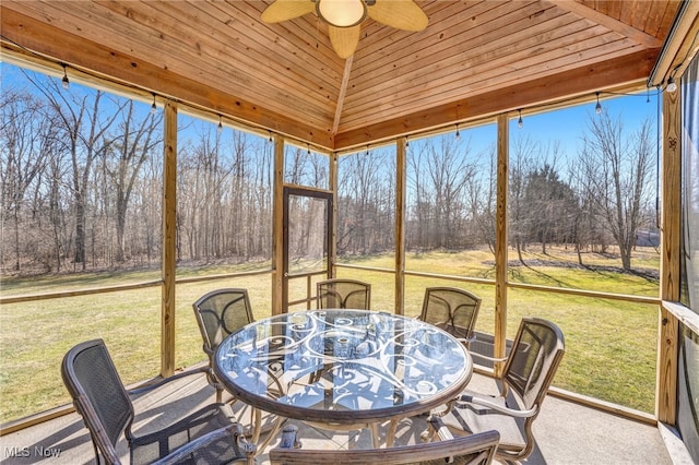 sunroom / solarium with lofted ceiling, a healthy amount of sunlight, wooden ceiling, and ceiling fan