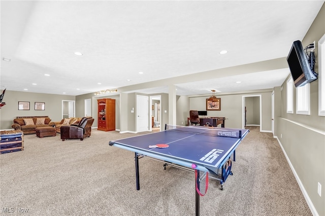 recreation room with carpet flooring, recessed lighting, and baseboards