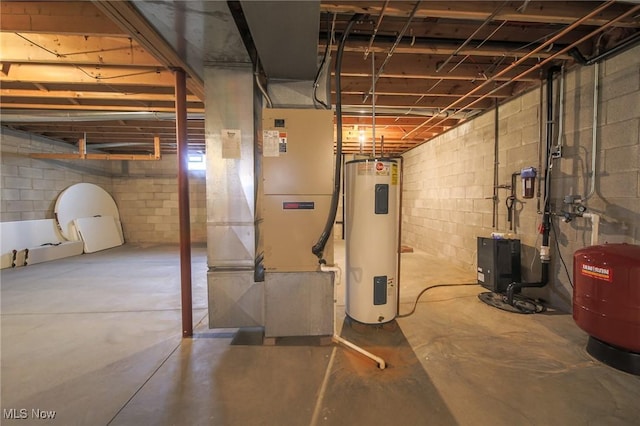 unfinished basement featuring electric water heater